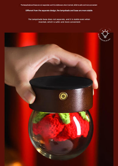 Orange Rose Handcrafted Crochet Flower LED Night Light - USB Rechargeable Glass Dome Lamp with Wood Base, 3 Color Modes
