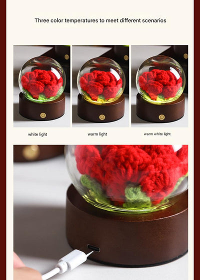 Purple Rose Handcrafted Crochet Flower LED Night Light - USB Rechargeable Glass Dome Lamp with Wood Base, 3 Color Modes