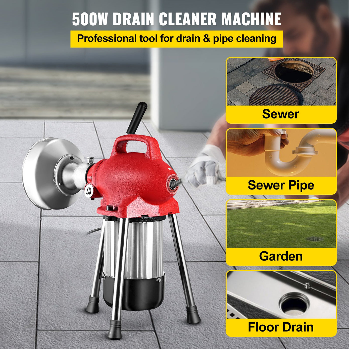 VEVOR 0.75-4 Inch Sectional Pipe Drain Cleaning Machine 400PRM Snake Cleaner Pipe Drain Cleaning Machine with 66 Ft x 0.67 Inch Galvanize Cable Heavy Duty