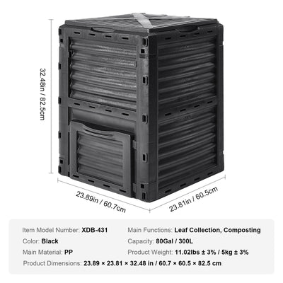 VEVOR Garden Compost Bin 300 L, BPA Free Composter, Large Capacity Outdoor Composting Bin with Top Lid and Bottom Door, Easy Assembling, Lightweight, Fast Creation of Fertile Soil