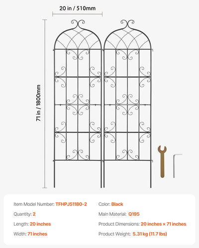 VEVOR 2 Packs Metal Garden Trellis for Climbing Plant Support 71x20 in Rustproof