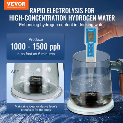 VEVOR Hydrogen Water Cup, 400 ml / 14.1 oz Hydrogen Generator, SPE Technology Portable Hydrogen Water Ionizer Machine with Wireless Charging Base, Hydrogen Rich Water Bottle Glass Health Cup