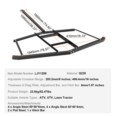 VEVOR Driveway Drag, 76.57" Width Tow Behind Drag Harrow, Q235 Steel Driveway Grader with Adjustable Bars, Support up to 50 lbs, Driveway Tractor Harrow for ATVs, UTVs, Garden Lawn Tractors