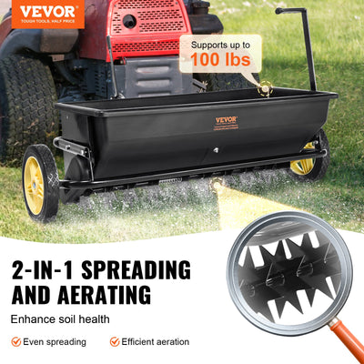 VEVOR Broadcast Spreader, 100 LB Tow Behind Poly Drop Spreader with 10" Wheels, Steel Spike Aerator, Fertilizer Spreader, Garden Seeder, and Salt Spreader, for Residential, Farm, Tough Terrain, Black