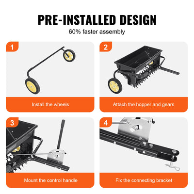VEVOR Broadcast Spreader, 100 LB Tow Behind Poly Drop Spreader with 10" Wheels, Steel Spike Aerator, Fertilizer Spreader, Garden Seeder, and Salt Spreader, for Residential, Farm, Tough Terrain, Black