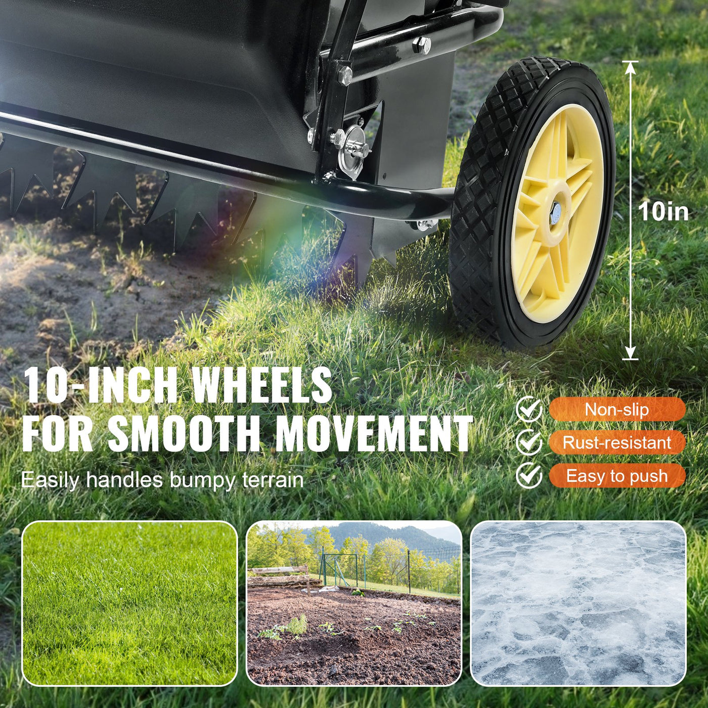 VEVOR Broadcast Spreader, 100 LB Tow Behind Poly Drop Spreader with 10" Wheels, Steel Spike Aerator, Fertilizer Spreader, Garden Seeder, and Salt Spreader, for Residential, Farm, Tough Terrain, Black