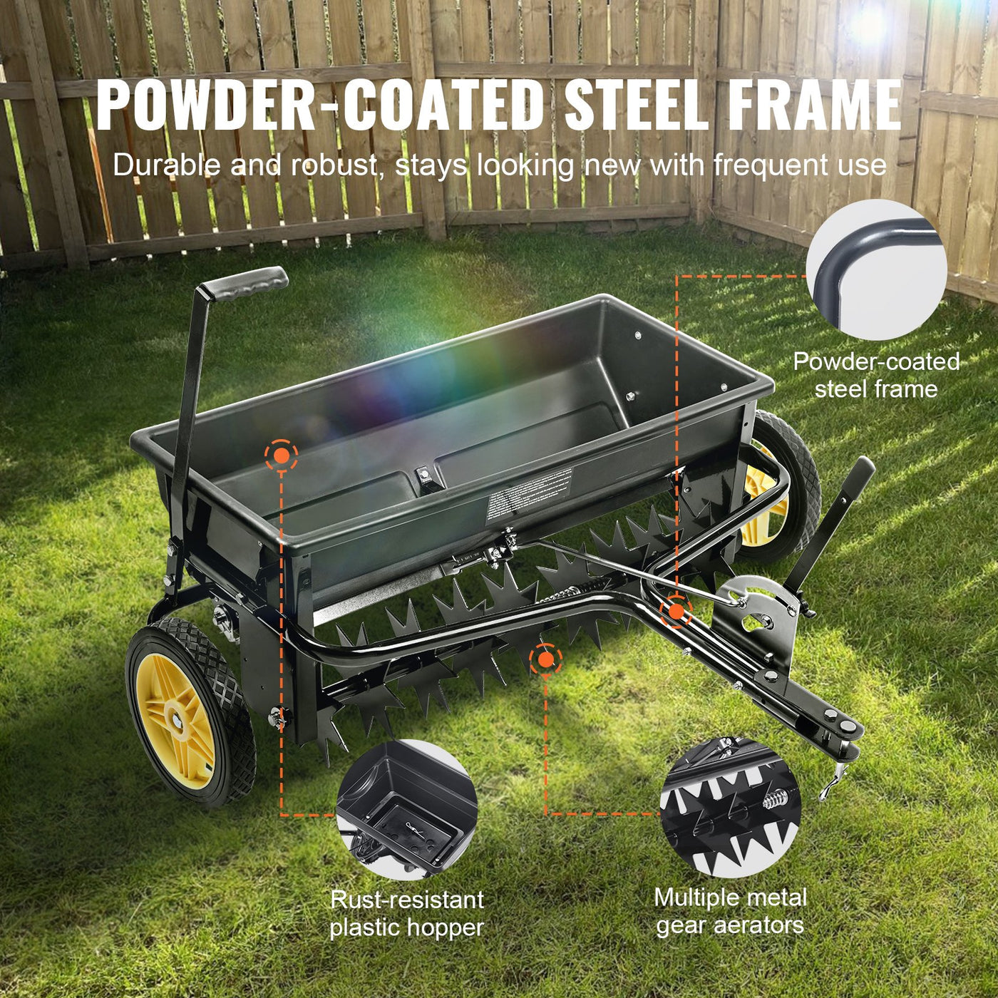 VEVOR Broadcast Spreader, 100 LB Tow Behind Poly Drop Spreader with 10" Wheels, Steel Spike Aerator, Fertilizer Spreader, Garden Seeder, and Salt Spreader, for Residential, Farm, Tough Terrain, Black