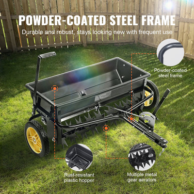 VEVOR Broadcast Spreader, 100 LB Tow Behind Poly Drop Spreader with 10" Wheels, Steel Spike Aerator, Fertilizer Spreader, Garden Seeder, and Salt Spreader, for Residential, Farm, Tough Terrain, Black