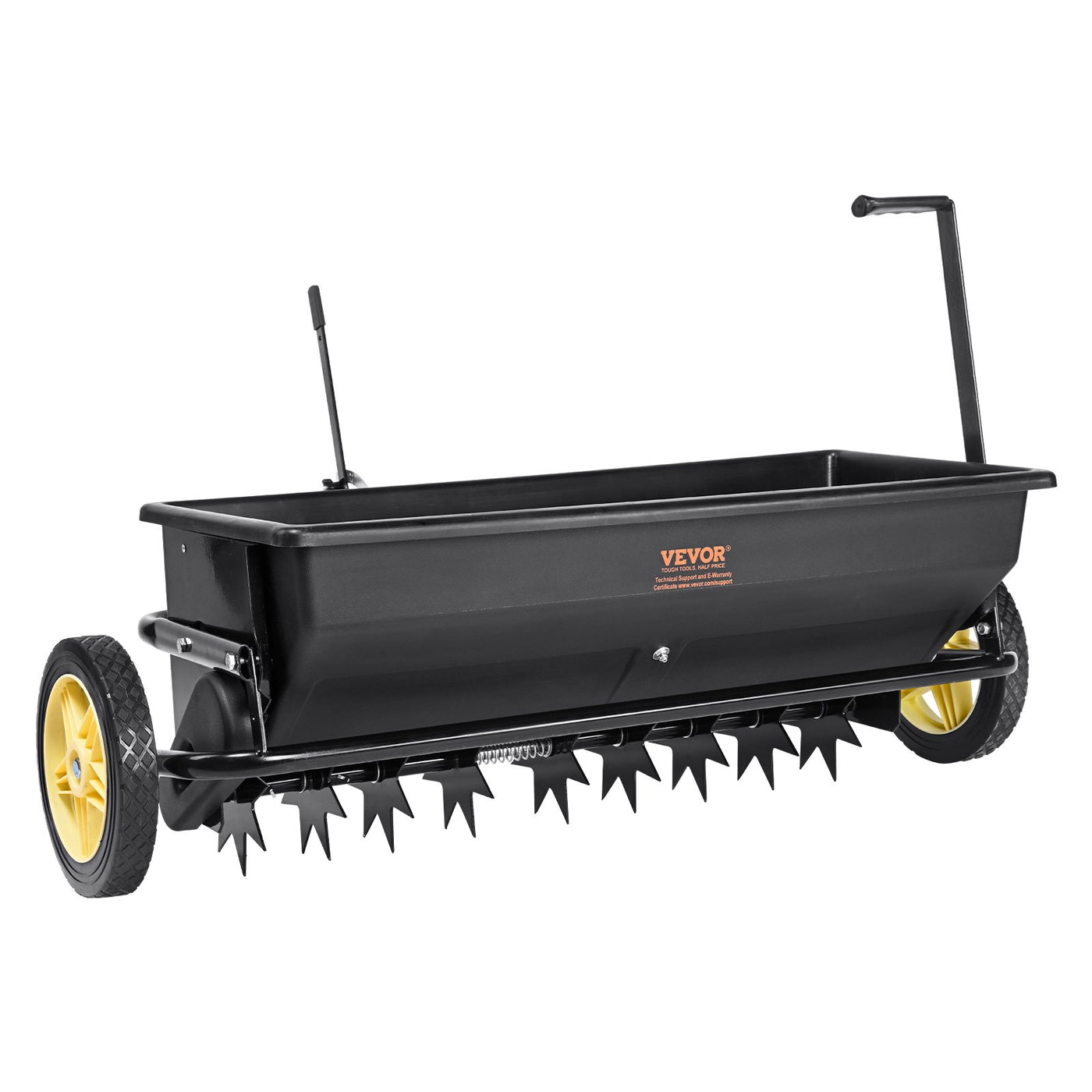 VEVOR Broadcast Spreader, 100 LB Tow Behind Poly Drop Spreader with 10" Wheels, Steel Spike Aerator, Fertilizer Spreader, Garden Seeder, and Salt Spreader, for Residential, Farm, Tough Terrain, Black
