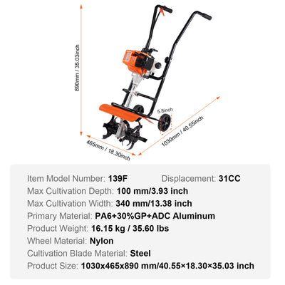VEVOR Tiller Cultivator Gas Powered, 31CC 4-Stroke Garden Cultivator, Tiller with 4 Steel Adjustable Front Tines for Lawn, Garden and Field Soil Cultivation