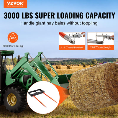 VEVOR 49" Hay Spear, Bale Spears 1360kg Loading Capacity, Skid Steer Loader Tractor Bucket Attachment with 2pcs 17.5" Stabilizer Spears and 60" Chain, Quick Attach Spike Forks