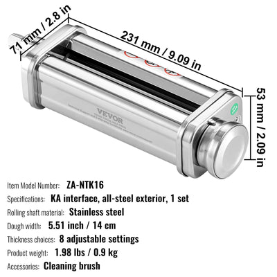 VEVOR Pasta Attachment for KitchenAid Stand Mixer, Stainless Steel Pasta Sheet Roller Attachment, Pasta Maker Machine Accessory with 8 Adjustable Thickness Knob, KitchenAid Pasta Attachment by VEVOR